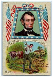 c1910's Abraham Lincoln As Rail Splitter Embossed Dual View Antique Postcard