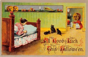 All Good Luck This Hallowe'en Man In Bed, Jack-O-Lantern Head Lady,Black Cats, P