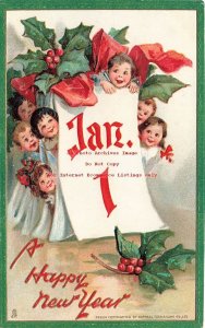 New Year, Tuck No 601-1, Frances Brundage, Children & Holly Behind Jan 1 Sheet