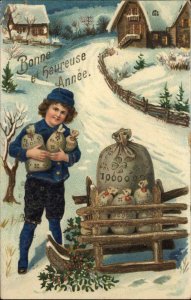 New Year Bonne et heureuse Annee Little Boy Bags of Money c1910 Gel PC