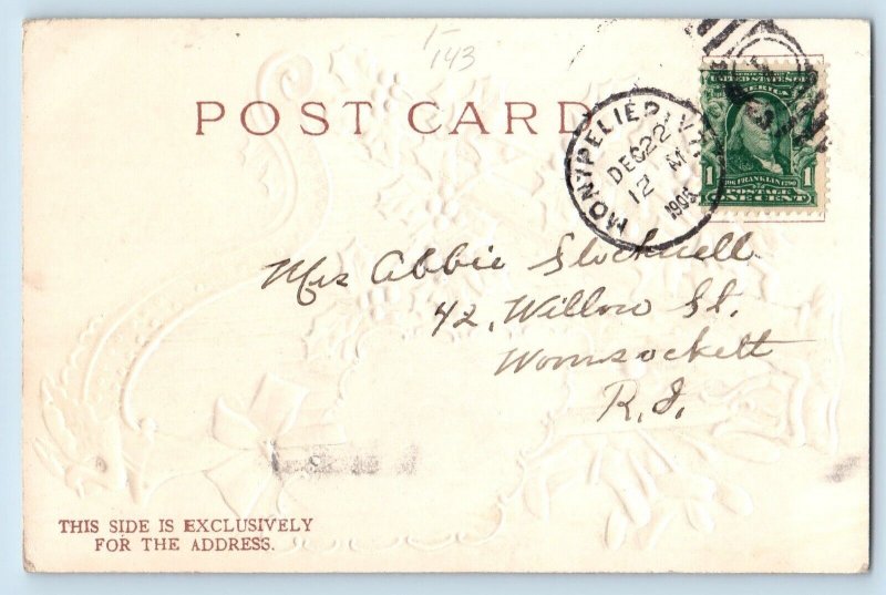 Christmas Postcard Harp Holly Berries Embossed Montpelier Vermont VT 1905 Posted