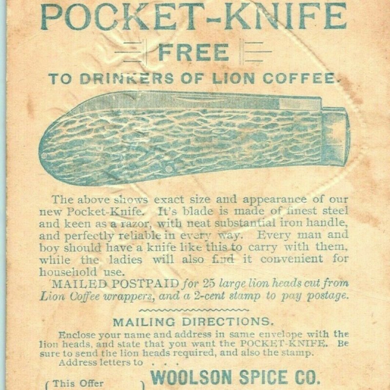 1894 Toledo, OH Woolson Spice Free Pocket Knife Trade Card Lion's Coffee Vtg C28