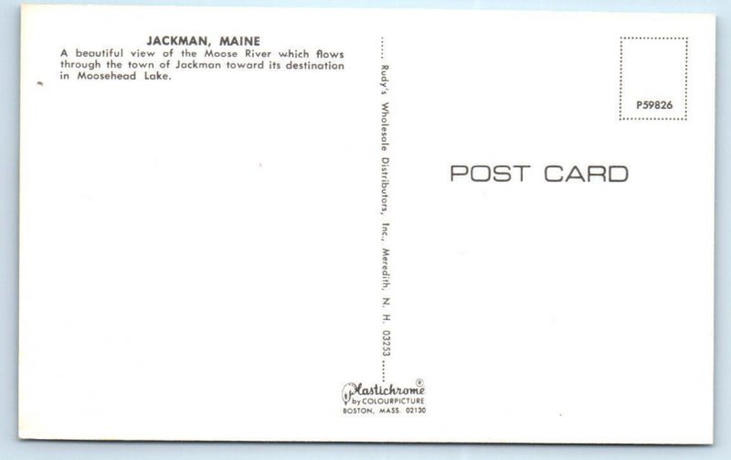 2 Postcards JACKMAN, Maine ME ~ Moose River & EMMANUEL EPISCOPAL CHURCH c1960s