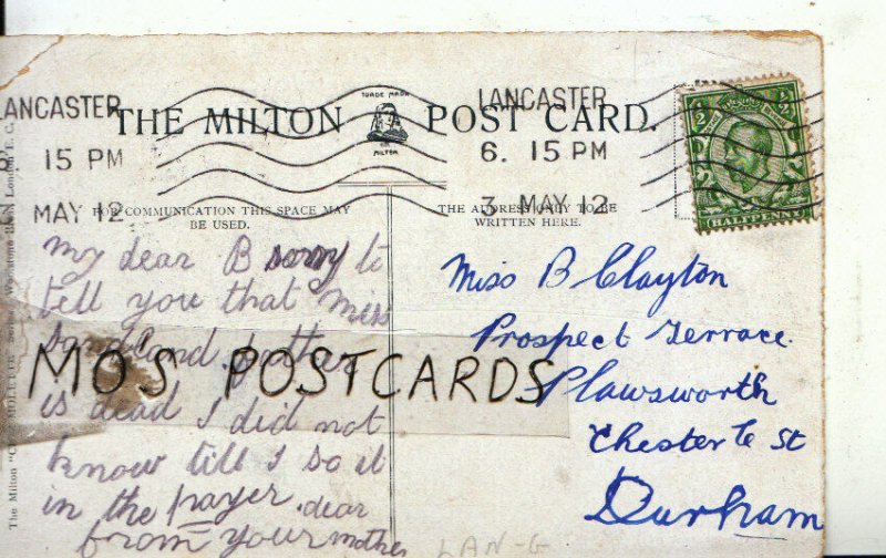 Genealogy Postcard - Clayton - Plawsworth - Chester le St - Durham - Ref 9049A