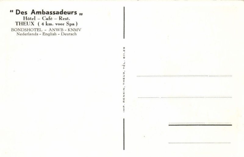 belgium, THEUX, Hotel Café Restaurant Des Ambassadeurs (1950s) Postcard