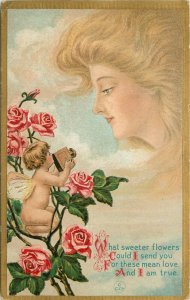 Embossed Postcard C.C. Co. 57. Fairy w/ Camera, Beautiful Woman's Face in Clouds