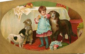 c1910 Postcard Child Feeds Dogs Cake from Table, Charity Begins at Home