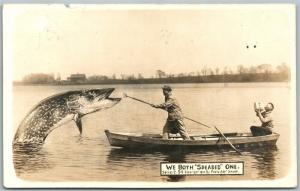 EXAGGERATED FISH 1912 ANTIQUE REAL PHOTO POSTCARD RPPC FISHING