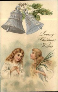 Art Nouveau Christmas Little Girl Angels Bells Toll c1910 Vintage Postcard