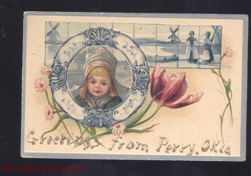 GREETINGS FROM PERRY OKLAHOMA PRETTY GIRL DUTCH CHILDREN VINTAGE POSTCARD