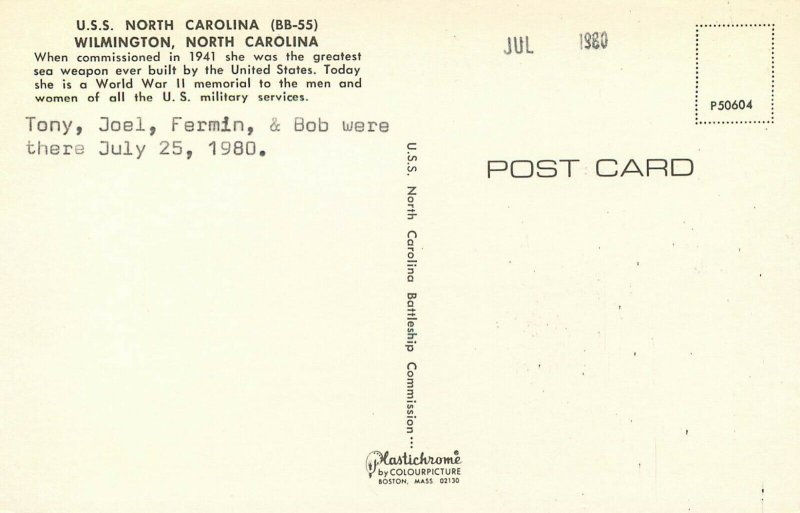 USS North Carolina Boat BattleShip Transportation Postcard 1980 Unstamped   