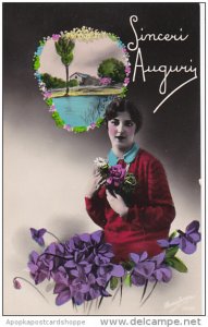 Beautiful Lady with Flowers Sinceri Auguri Real Photo made in Italy