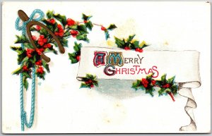 A Merry Christmas, Embossed Holly Berries Horseshoe Luck Scroll Banner, Postcard