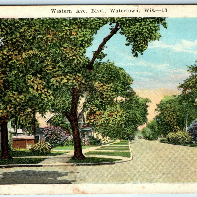 c1920s Watertown, Wis. Western Ave. Blvd. Postcard Residence House Street WI A41