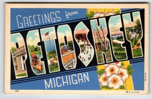 Greetings From Petoskey Michigan Large Letter Postcard Linen Unused Curt Teich