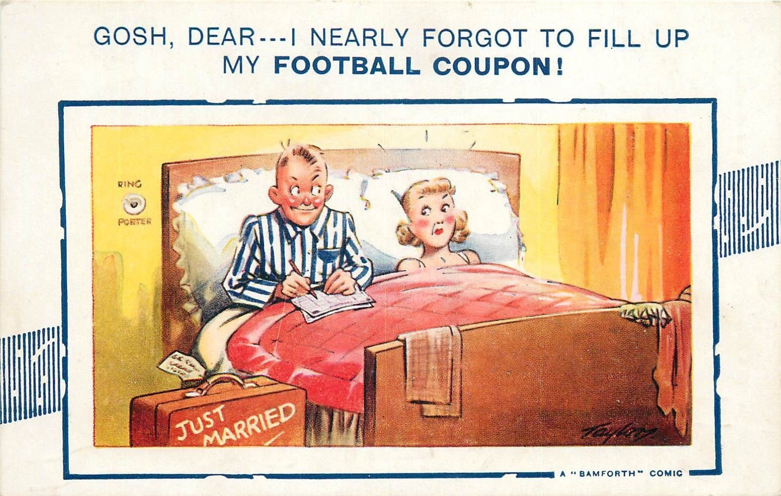 Sport Humour Bamforth Comic Postcard Just Married Couple Husband Football Coupon Hippostcard