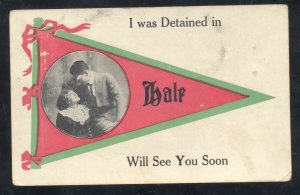 I WAS DETAINED IN HALE MISSOURI LOVERS RED PENNANT BEDFORD MO 1914 POSTCARD