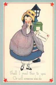 Woman Sending Letter VALENTINE'S DAY Greetings Gibson Art 1920s Vintage Postcard