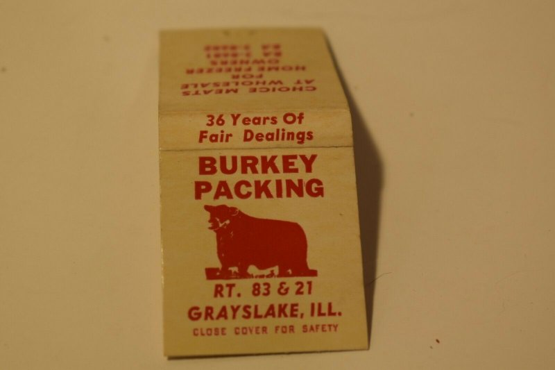 Burkey Packing Grayslake Illinois Cow 20 Strike Matchbook Cover