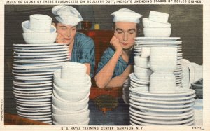 Vintage Postcard 1945 Blue Jackets Scullery Duty Soiled Dishes US Naval Training