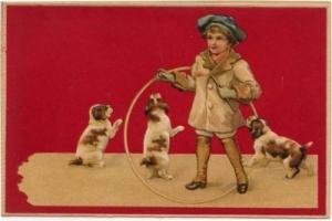 Vintage Greetings PC, Boy playing with dogs, hoop