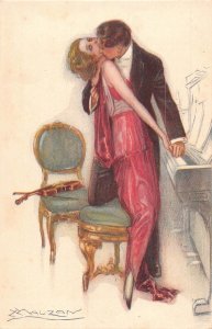 Love Romance Art by Mauzan Music Couple Violin Piano Player Kiss postcard C330