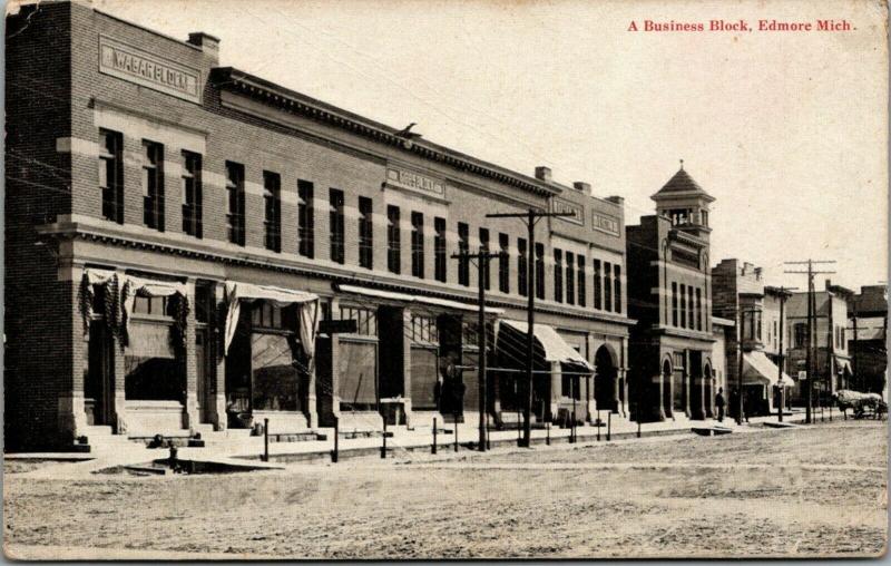 Edmore Michigan~Main Street~Wabar Business Block~Hitching Posts at Stores~1908 