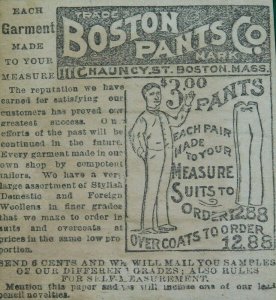 1870s-80s $3 Boston Pants Co., 111 Chauncy St, Boston, MA Victorian Print Ad L14