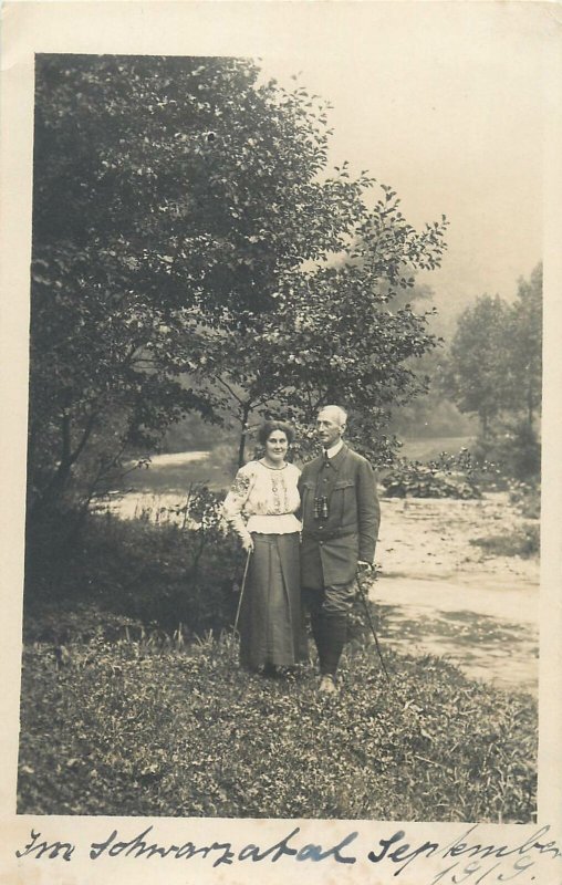 1919 antique Postcard couple vintage outfit picturesque scenery