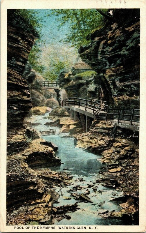 Pool of the Nymphs Watkins Glen N.Y. Walkway Cancel Vintage Postcard 2c Stamp 