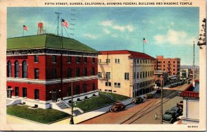 Vtg Eureka CA Fifth Street View Federal Building Masonic Temple 1930s Postcard