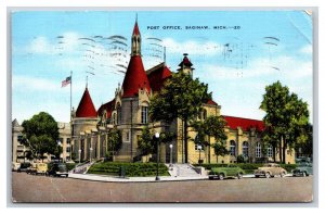 Post Office Building Street View Saginaw Michigan MI Linen Postcard S13