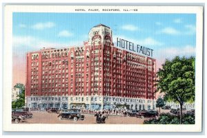 1940 Hotel Faust Classic Cars Exterior Building Road Rockford Illinois Postcard