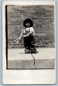c1910's Little Boy With Hat Doll Overalls RPPC Photo Unposted Antique Postcard