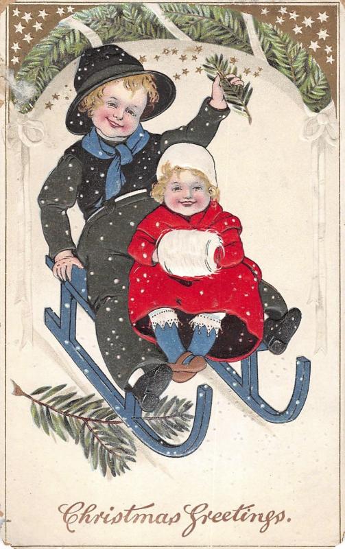 kids sleding everygreen hand muffs c1911 christmas postcard ac 134