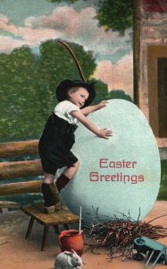 Vintage Postcard 1910's Easter Greetings Little Boy Egg Hunt Holiday Wishes Card