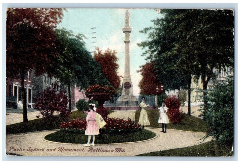 1908 Scenic Public Square Monument Children Baltimore Maryland Vintage Postcard 