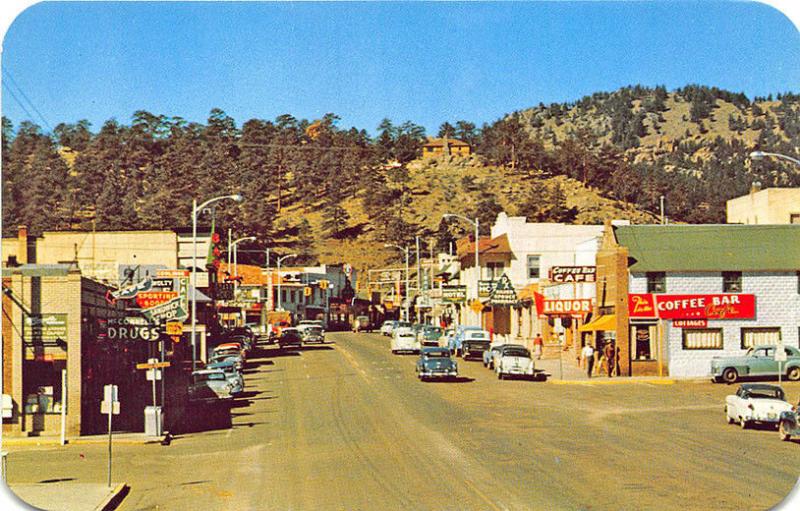 Estes Park CO Store Fronts Old Cars Coffee Bar Cafe Postcard 