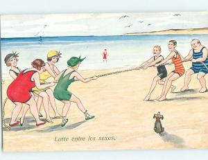 Pre-Linen foreign risque BATHING SUIT GIRLS IN TUG-OF-WAR ON BEACH HL9805@