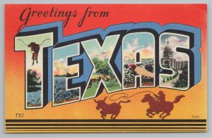 Texas~Cowboy Ropes Cow @ Sunset~Large Letter Linen~Vintage Postcard 