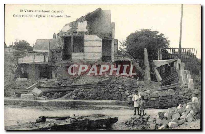 Old Postcard Vaux Laon On Corner Of I & # 39Eglise And Rue Grande Rue Militar...