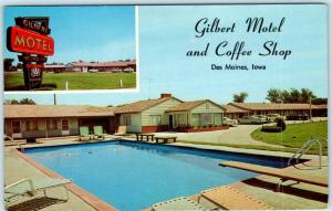 DES MOINES, Iowa  IA   Roadside GILBERT MOTEL Coffee Shop Swimming Pool Postcard