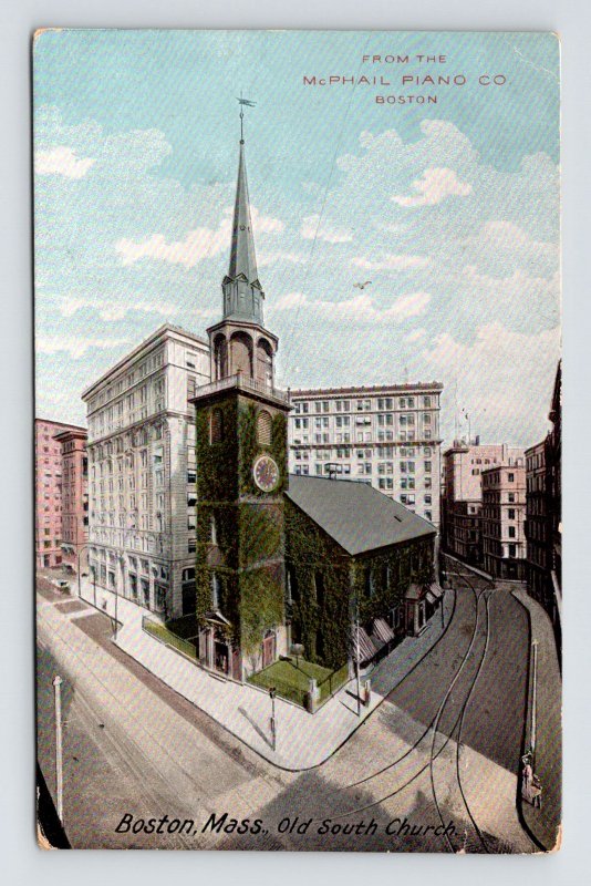 McPhail Piano Co Boston Massachusetts Birds Eye View Old South Church Postcard