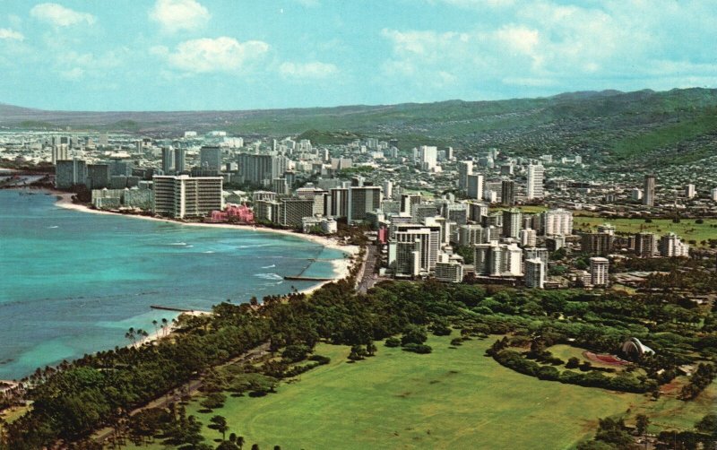 Vintage Postcard Aerial View Kapiolani Park Waikiki Beach Island Of Oahu Hawaii