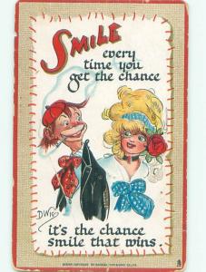 Pre-Linen Risque signed DWIG - PRETTY GIRL WITH MAN SMOKING CIGARETTE AB7687