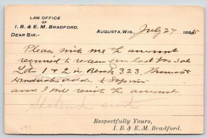 Augusta Wisconsin~IB & EM Bradford Law Office~County Treasurer~1895 Postal