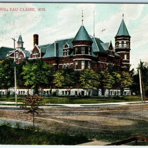 1907 Eau Claire, Wis High School Building Castle Litho Photo Postcard Street A23