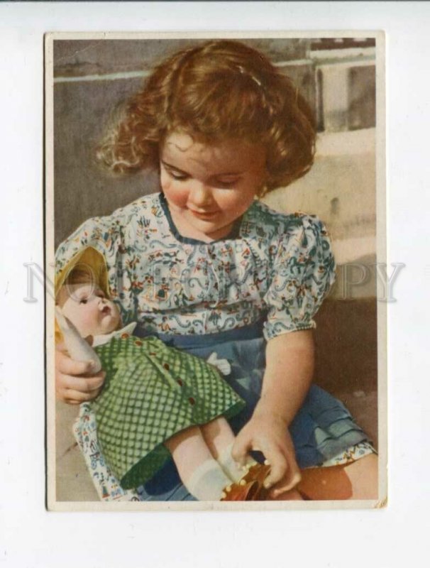 3042338 Girl w/ DOLL in Green Dress old PHOTO color