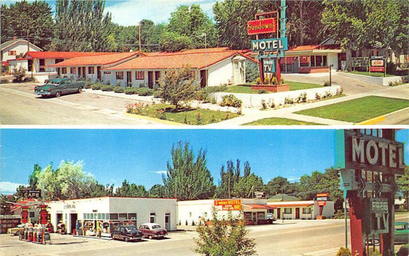 Greeley CO Sundown Motel Gas Station Old Cars Postcard