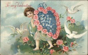 Valentine - Cupid Carrying Floral Heart - Doves c1910 Postcard